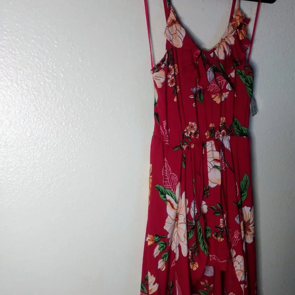 Angie Floral Maxi Dress High Low Ruffle Shorts Red - Picture 3 of 5